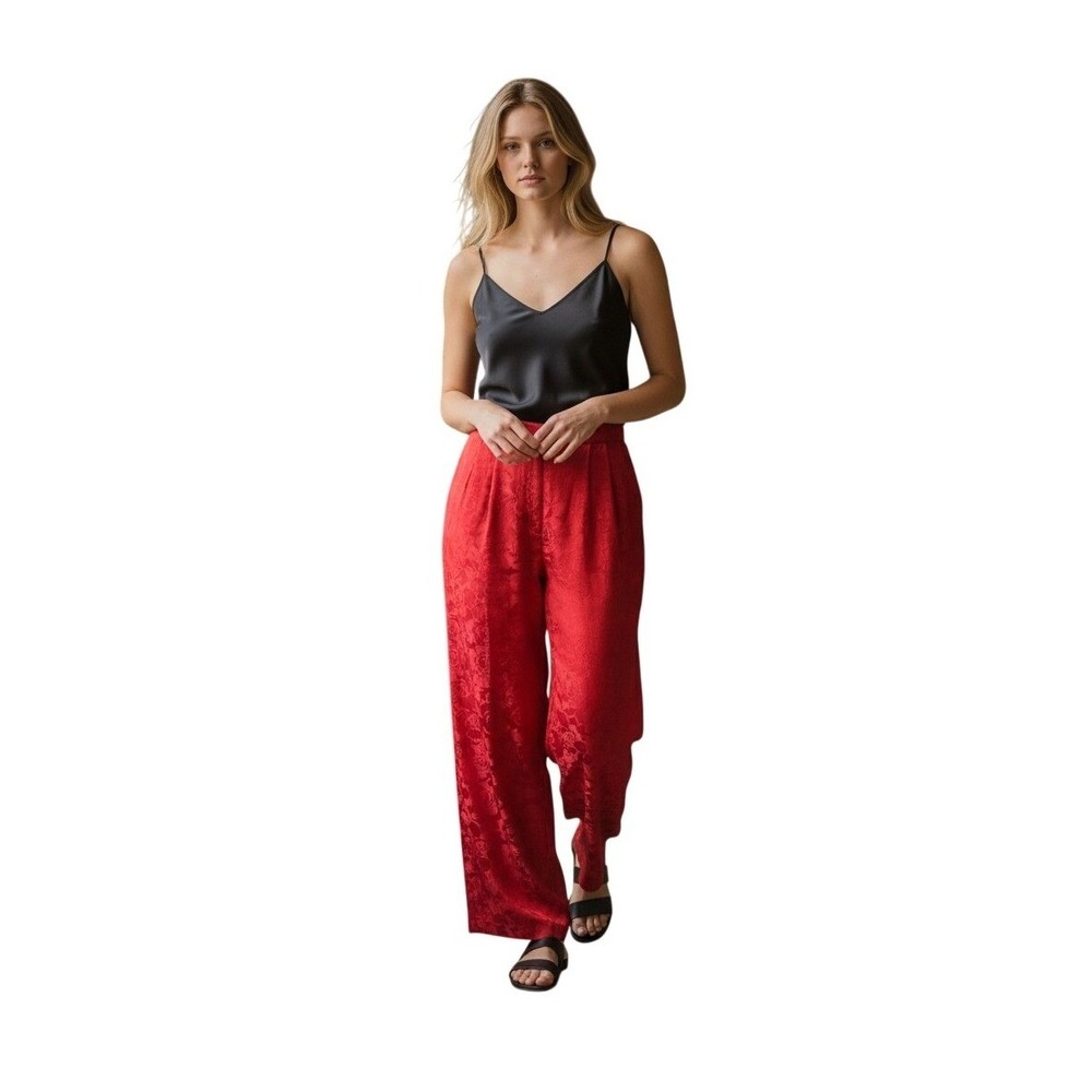 Adrianna Papell 100% Silk Red Rose Floral Jacquard Wide Leg Trouser Pants Sz 8